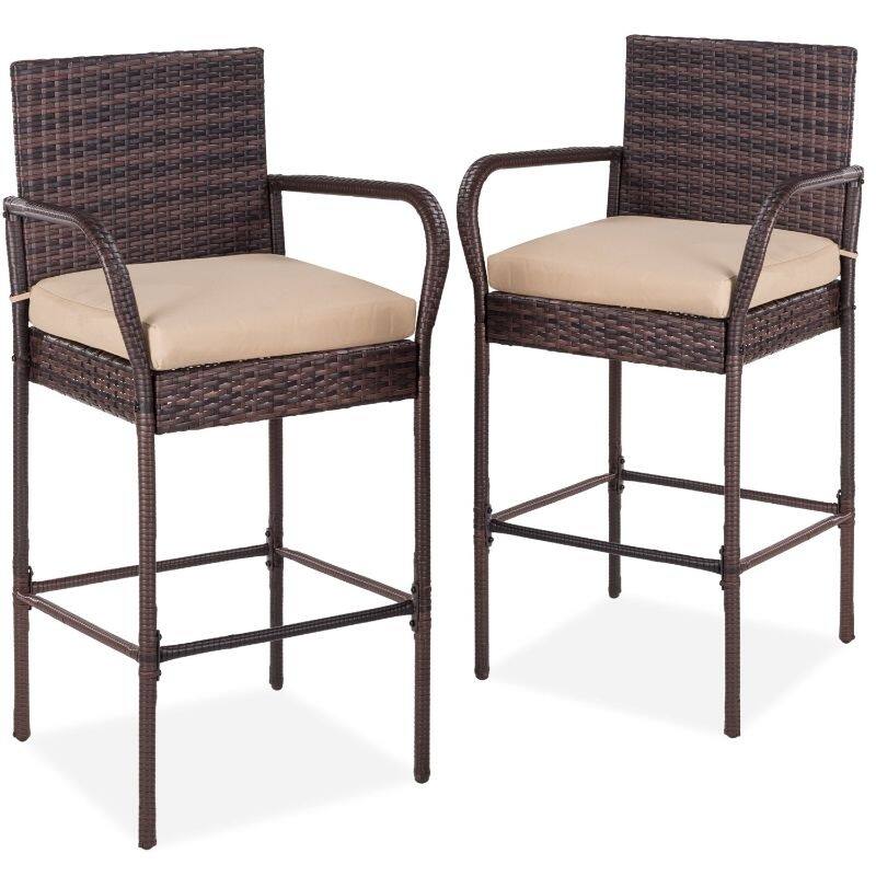 Set of 2 Indoor/Outdoor Wicker Bar Stools w/ 2 Cushions - 20 inches L x 18.75 inches W x 46 inches H - Brown/Tan