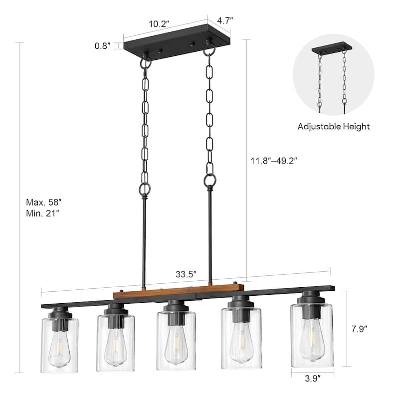5-Light Kitchen Island Linear Pendant Light Fixture Matte Black