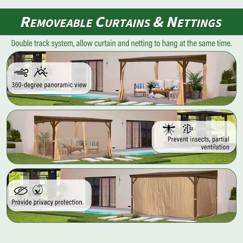 10x14FT Wall Mounted Metal Roof Gazebo with Gutters, Netting, and Privacy Curtains