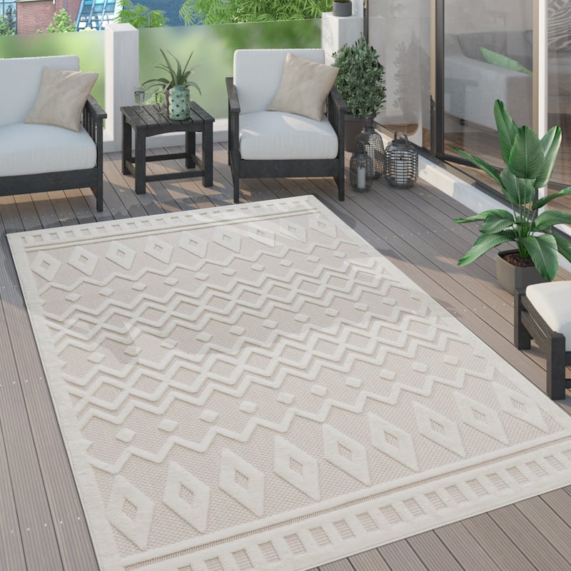 Indoor & Outdoor Rug With Geometric Trellis High-Low Pattern - cream - 3'11" x 5'3"