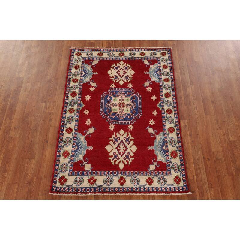 Red Kazak Rug Handmade Geometric Wool Carpet - 3'5"x 5'1"