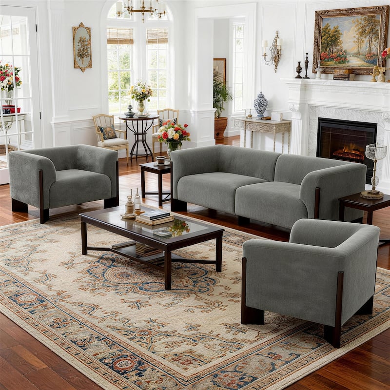 3-Piece Modern Loveseat Sofa Set with Armchair for Living Room - Grey/ Chenille