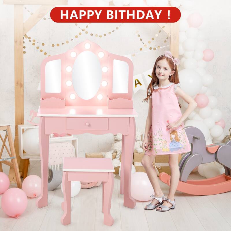 Kids Makeup Vanity Table Set with Stool, Dressup Playset for Girls Best Gift