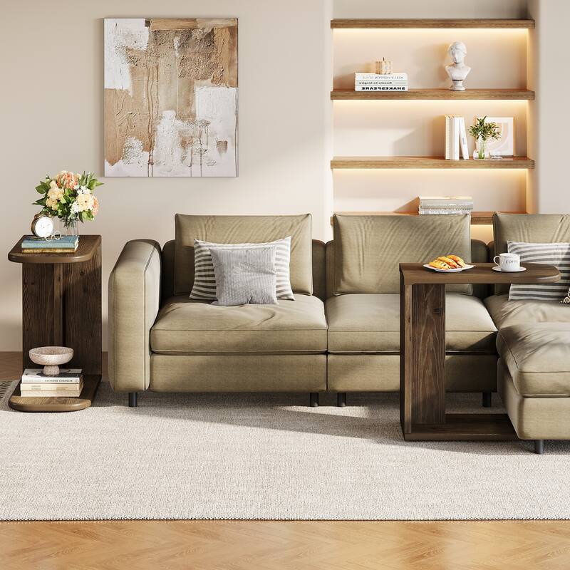 Solid Wood C-Shaped End Table, Sofa Couch Side Snack Accent Table, Living Room Bedroom Couch Table