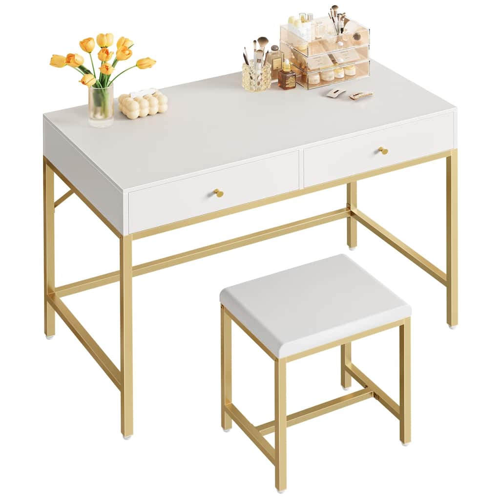 White Gold 35.4 Inch Modern Desk with 2 Drawers Padded Stool Makeup Vanity Computer Writing Table for Home Office Bedroom