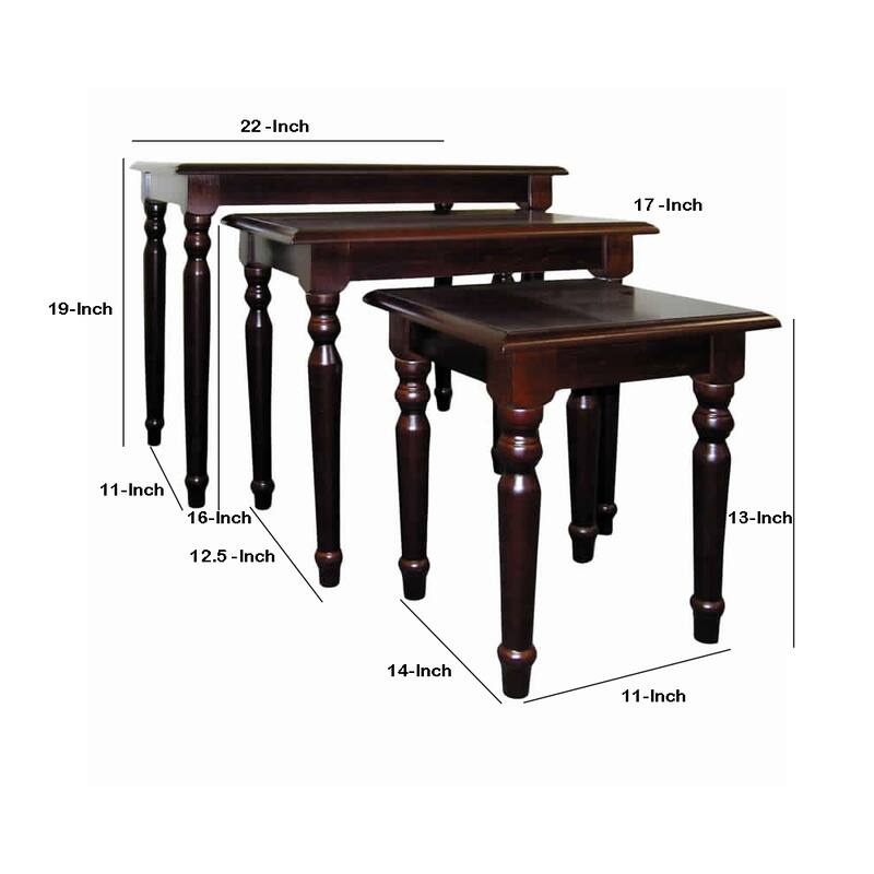 3 Piece Wooden Nesting Tables with Turned Tapered Legs, Cherry Brown - 19 H x 14 W x 22 L Inches