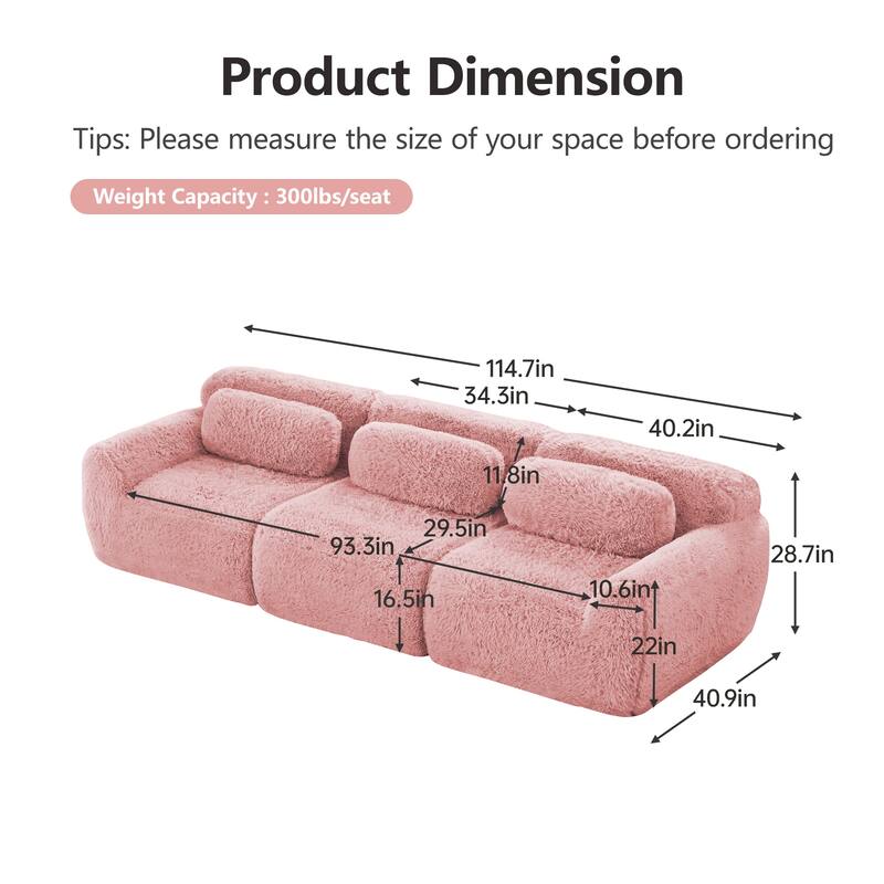 Anmytek 114'' Modern Modular Sectional Sofa - Soft Fluffy Plush Fabric Ergonomic Design Vacuum Compressed