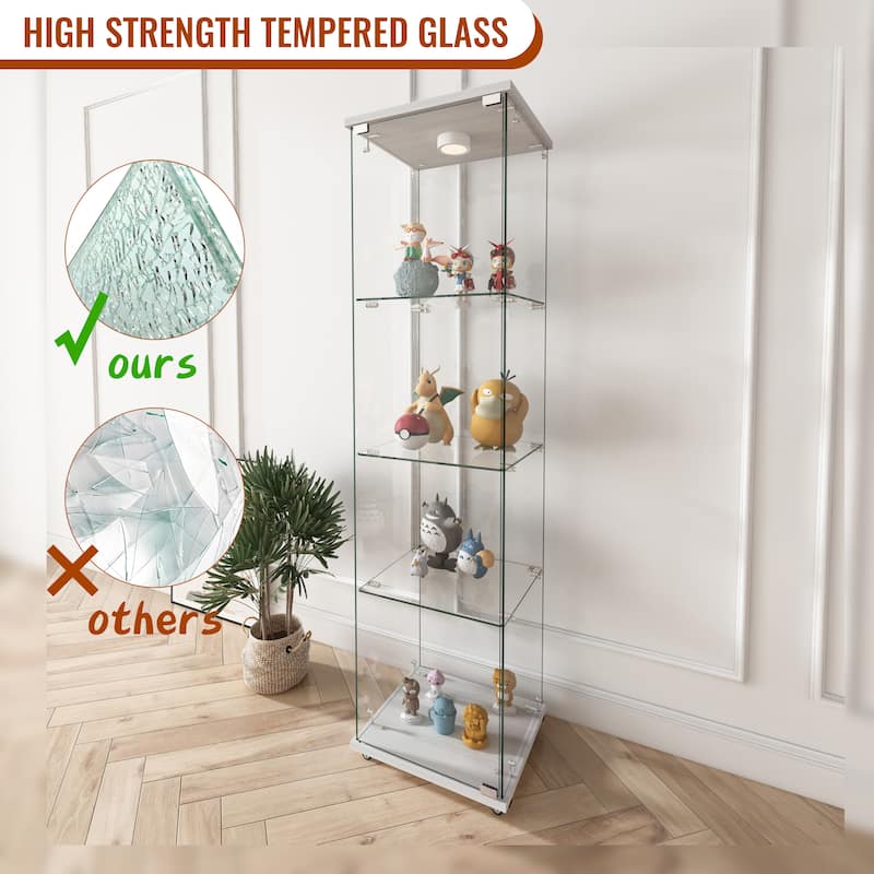 Glass Display Cabinet with Doors & Locks, Acrylic Shelves, Floor Standing Storage Showcase for Home or Office