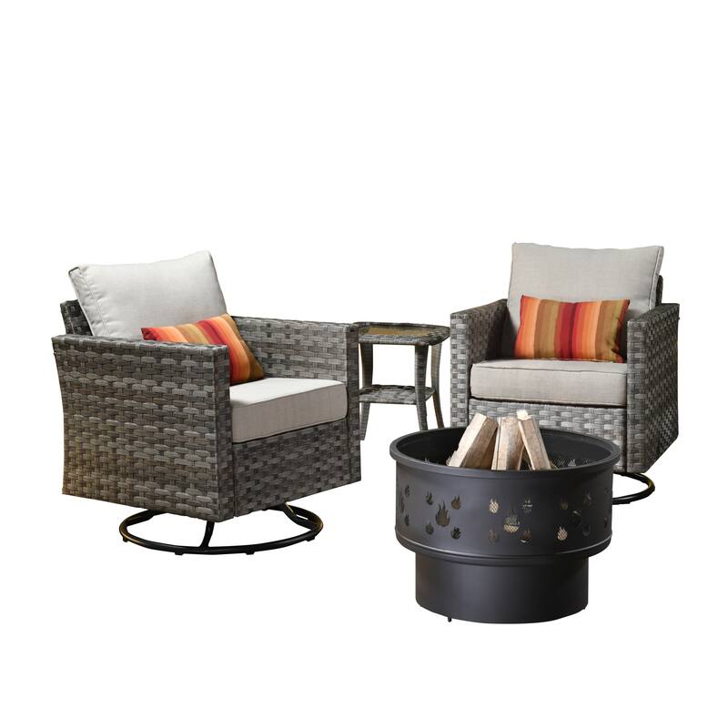 HOOOWOOO 4-piece Wicker Patio Swivel Chair Set with Wood Burning Fire Pit