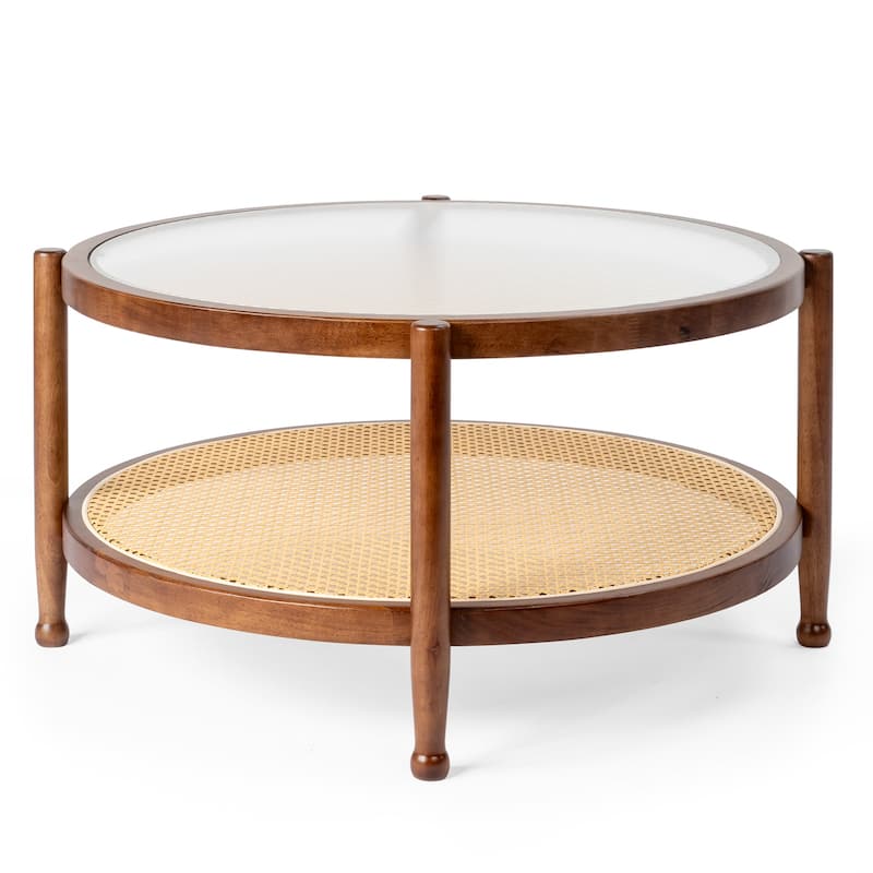 31.5in Rattan Coffee Table with Tempered Glass Top and Hand-Woven Shelf for Indoor Outdoor - 31.5” x 31.5” x 17.3”