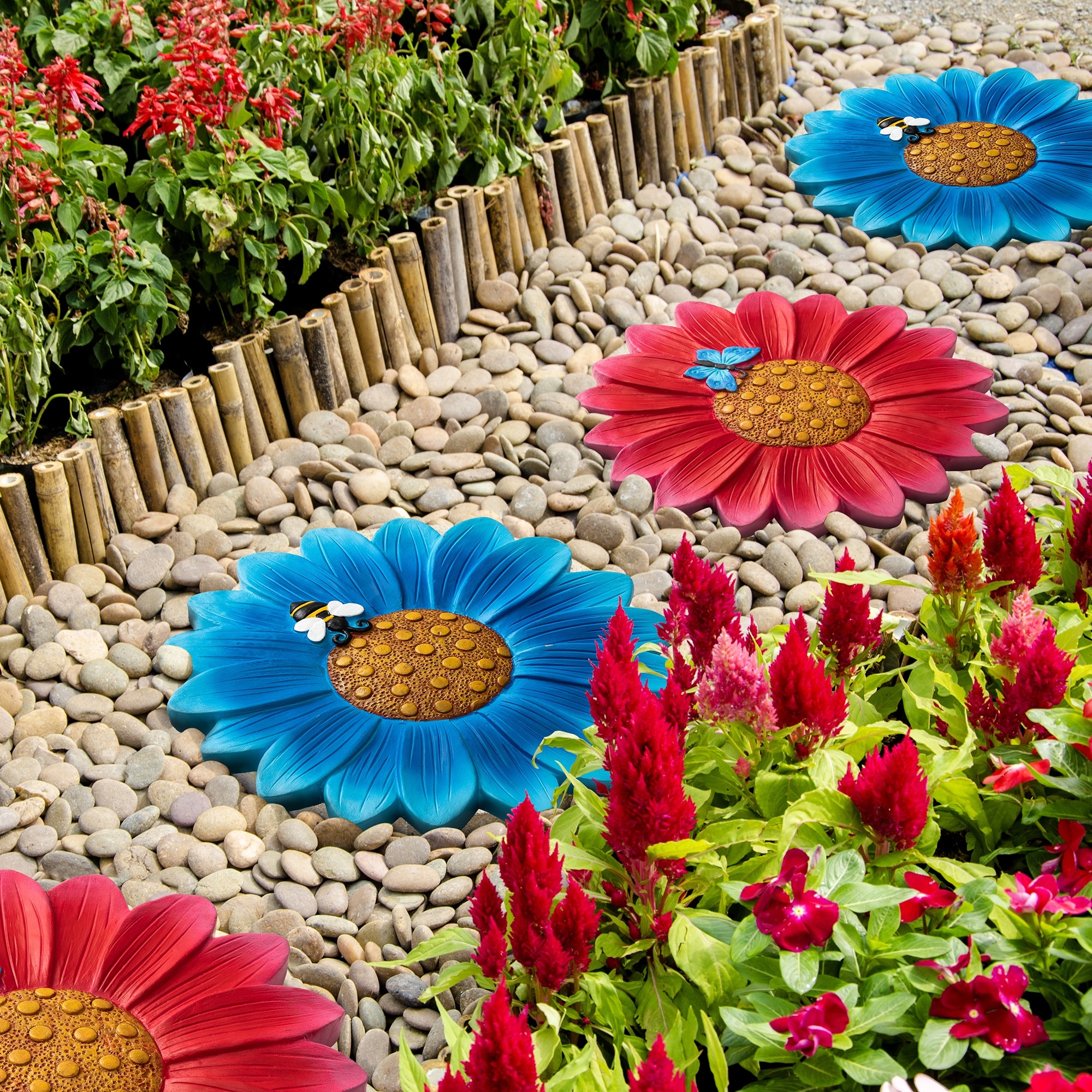 Glitzhome 4-Piece Butterfly and Bee on Daisy Cement Stepping Stones Pathway Decor - 10 in