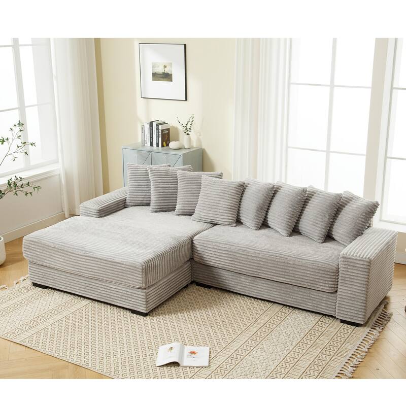 L Shaped Sectional Sleeper Sofa Corduroy Corner Sofa with Chaise Lounge and 8 Throw Pillows, Oversized Modular Daybed
