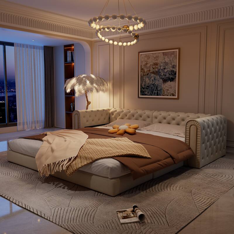 90.6" Velvet Pull Out Sofa Bed, 3-in-1 Convertible Sleeper Sofa with Movable Ottoman, Modern Button Tufted Chesterfield Sofa