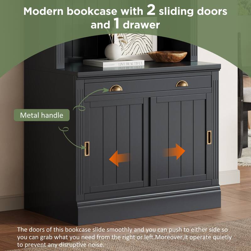 83.4" Modern LED Bookshelf with Sliding Doors & Open Shelves - Space-Saving Storage Bookcase for Living Room and Home Office