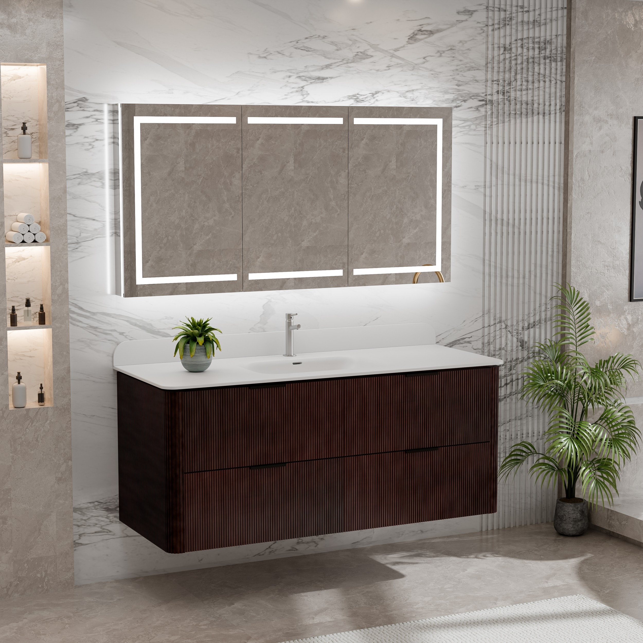 48 Inch Floating Wall-Mount Single Bathroom Vanity with Sink, Fluted Wood Grain and Soft Curved Edges, Walnut/Oak/Matte Black