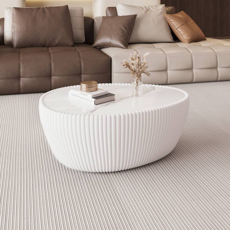 Modern Drum Coffee Table, Goose Egg Shape Coffee Table with Marble Top & Pu Frame, Luxury Center Side Table for Small Space