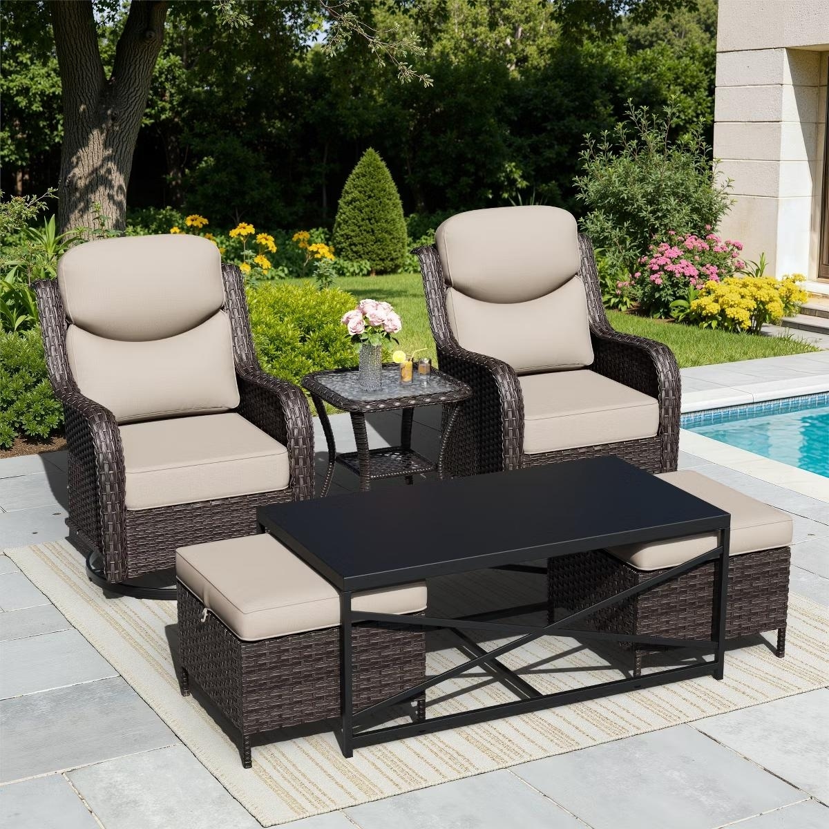 COZYWOR Outdoor Rocking Chair Set with Ottomans and Tables