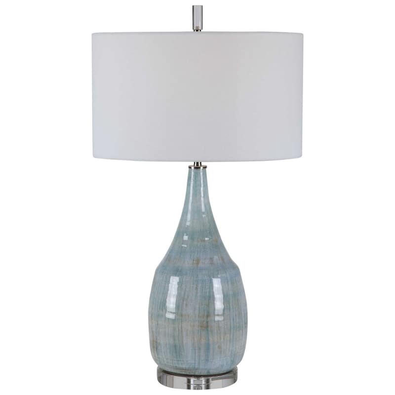 Coastal Style Crackle Glaze Table Lamp with White Drum Shade - 30.5" - Aqua Blue