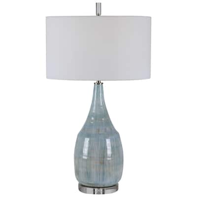 Coastal Style Crackle Glaze Table Lamp with White Drum Shade - 30.5" - Aqua Blue