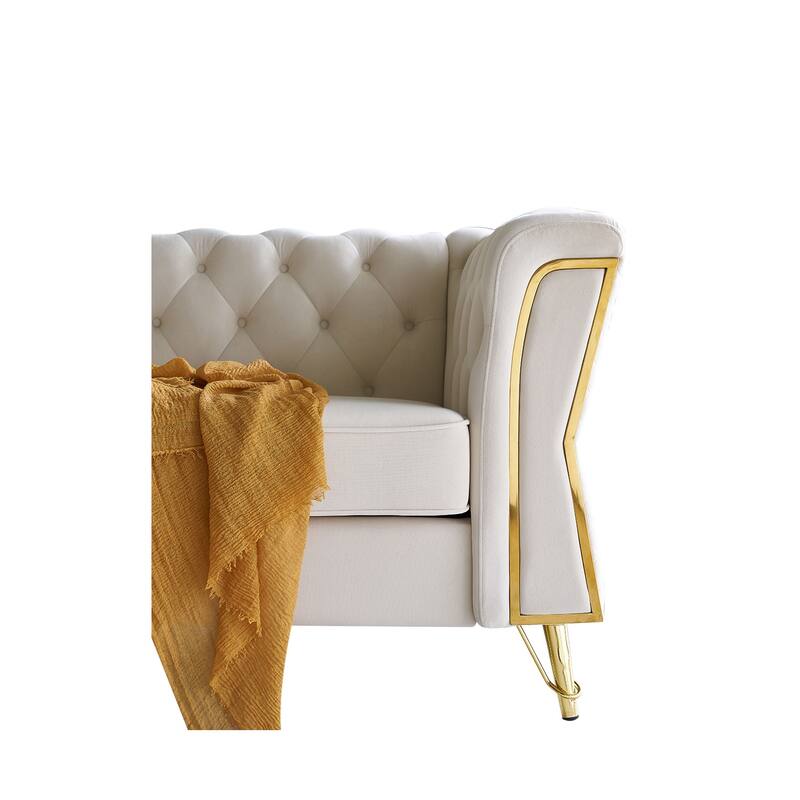 Tufted Velvet Sofa 87.4" - Flared Arms, Golden Frame