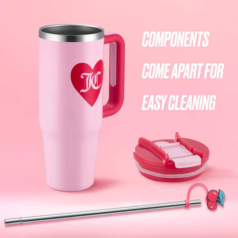 Juicy Couture Jetsetter Hydration Stainless Steel Tumbler with Handle and Straw With Topper