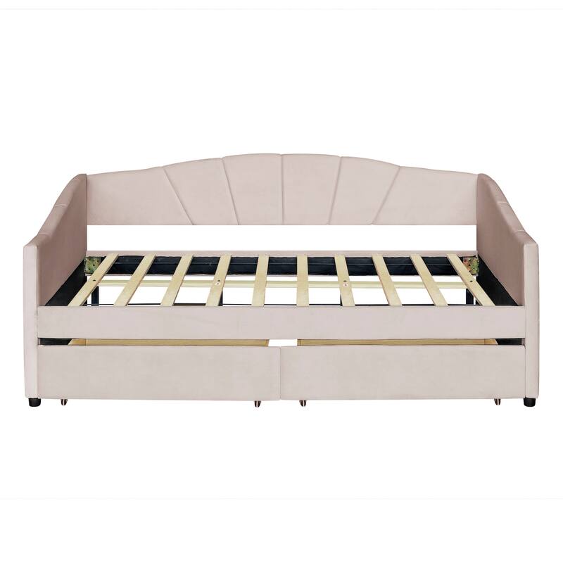 Twin Size Velvet Daybed Frame with 2 Drawers - Beige