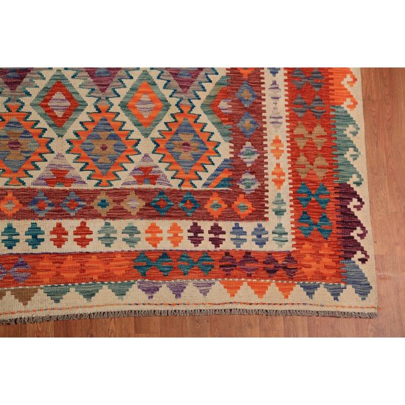 Geometric Kilim Oriental Large Rug Bedroom Hand-Woven Wool Carpet - 9'11"x 16'2"