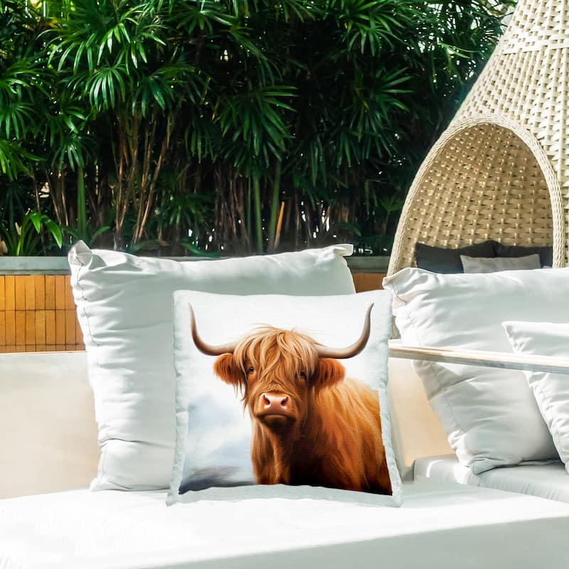 Stupell Long Horn Highland Cow Portrait Printed Outdoor Throw Pillow Design by Heidi Kuntz