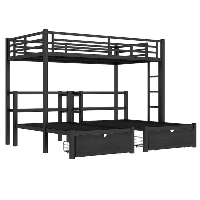 Full XL Over Twin & Twin Bunk Bed Multi-functional Metal Triple Bed Frame with Drawers, USB Ports, Storage Headboard and Shelves