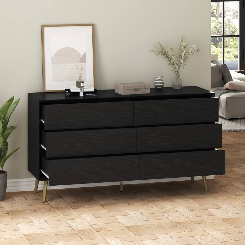 Premium 54-inch Black Double Dresser w/ 6 Pop-out Drawers by Kerrogee