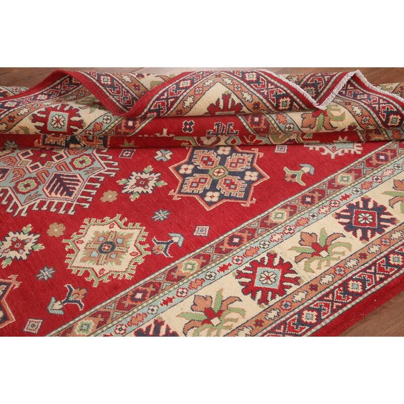 Hand Knotted Oriental 100% Wool Carpet Traditional Geometric Red Kazak Area Rug - 9' 10'' X 6' 6''