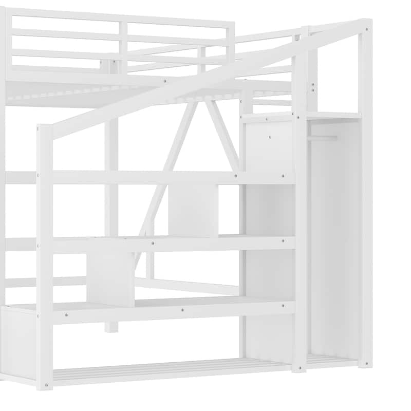 Queen Loft Bed with Storage Stairs, Shelves and Built-in Wardrobe, with USB Ports and LED Lights, Noise-reduced Design
