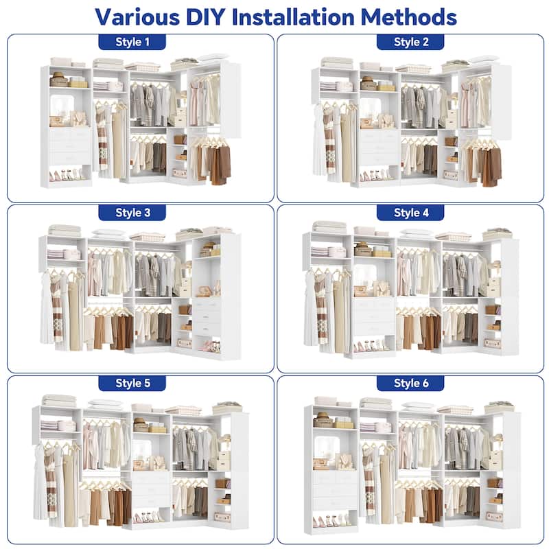 Set of 4/ 5 Modular Closet System with Drawers and Mirror, Corner Closet Organizer with Hanging Rods and Shelves