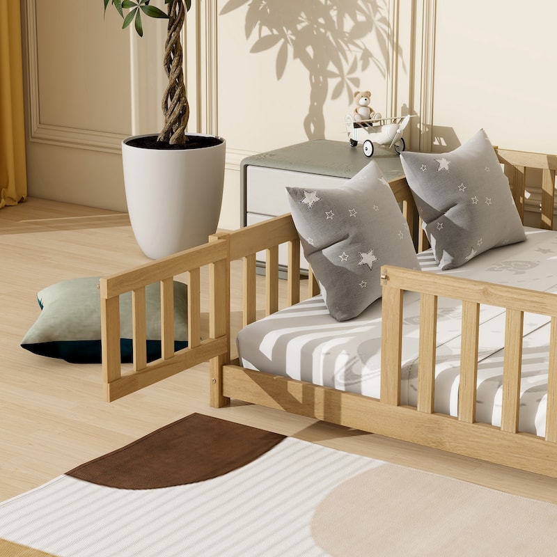 Grey Queen Size Wooden Floor Bed with Fence, Door, Rubber Safety Guardrails