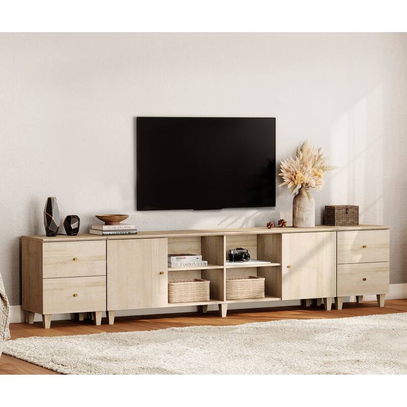 WAMPAT Wood TV Stand with Drawer & Charging Station for 100 Inches TVs - 3 Pieces - Light Oak