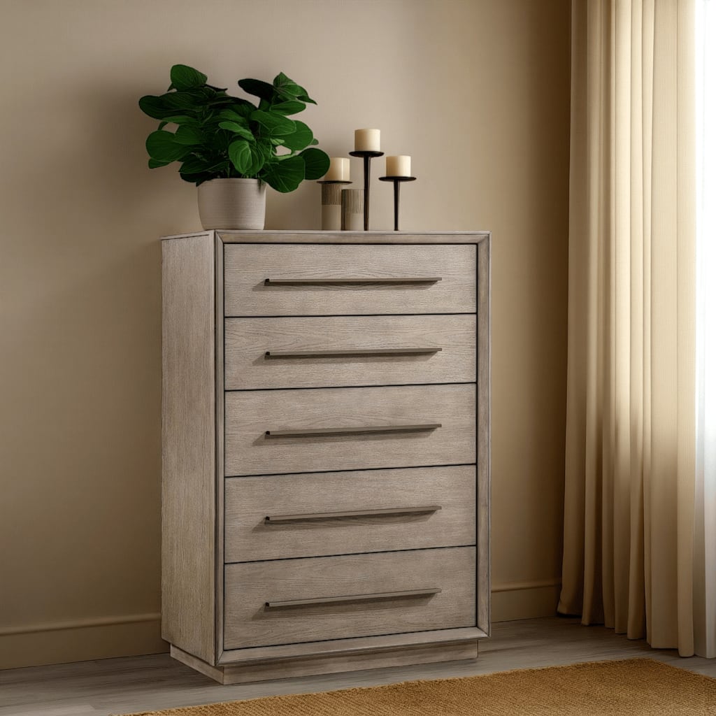 Lyni Tall Dresser Chest, 5 Drawers, Open Shelf, Washed Oak Brown
