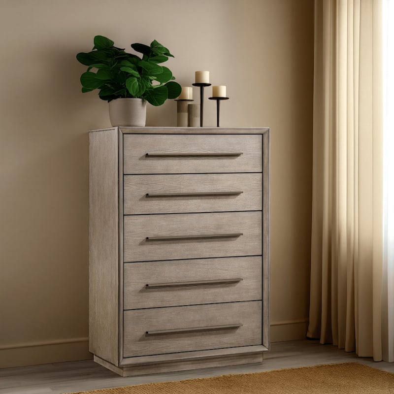 Lyni Tall Dresser Chest, 5 Drawers, Open Shelf, Washed Oak Brown