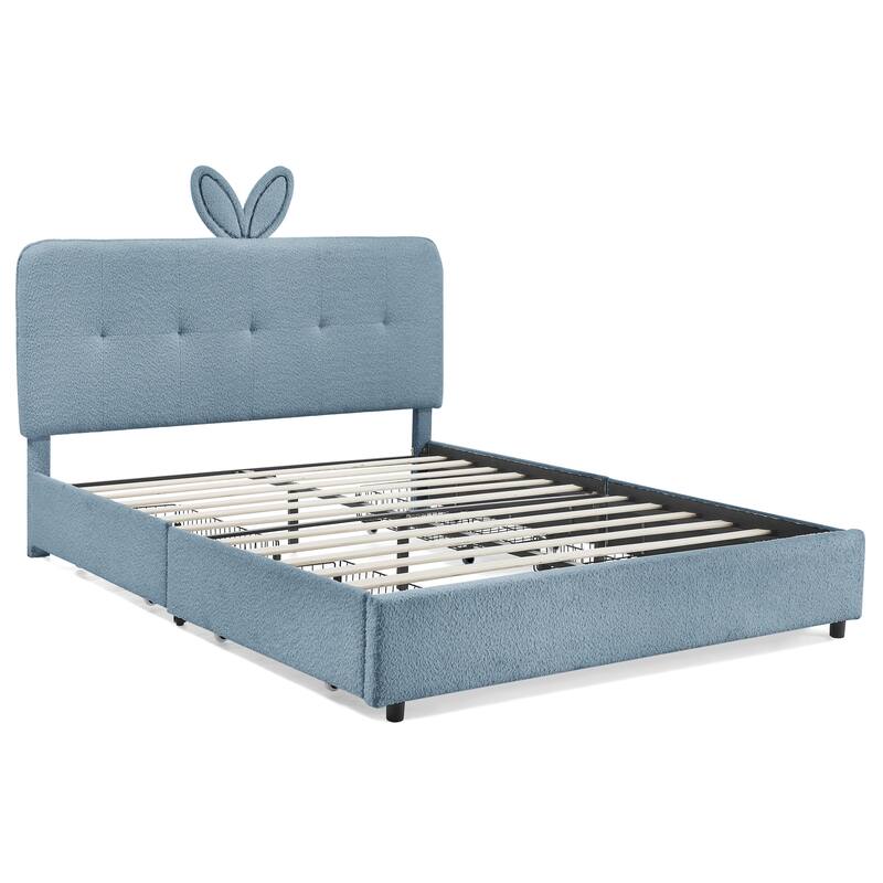 Kids Boucle Upholstered Bed with Rabbit Ear Headboard, LED Music Sync & 4 Drawers