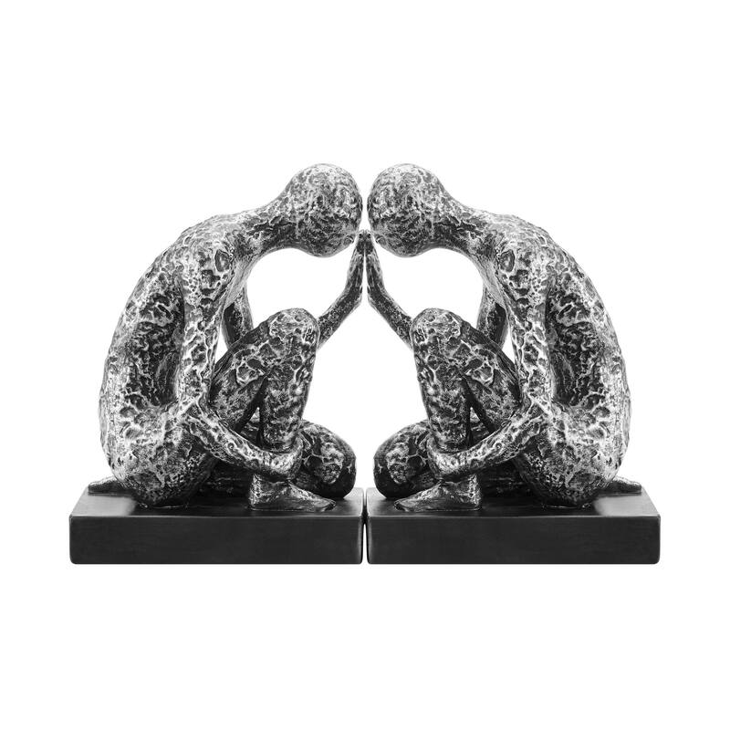 Danya B. Kneeling Figure Sculptures Polyresin Silver and Black Finish Bookend Set of 2