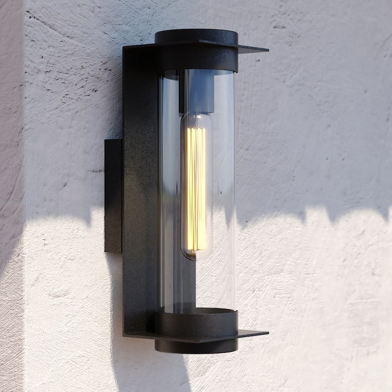 Brighton Park Black Contemporary Indoor Outdoor Wall Lantern Light Fixture with Cylinder Clear Glass - Textured Black - 5-in W x 14-in H x 5.5-in D