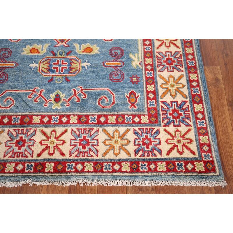 Light Blue Geometric Kazak Accent Rug Hand-Knotted Foyer Wool Carpet - 3'4" x 4'11"