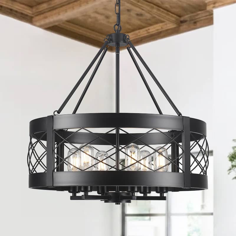 Drum Rustic Hanging Lights 6-Light Adjustable Farmhouse Chandelier Dining Room Light Fixture Kitchen Island Lighting - N/A - Black 
