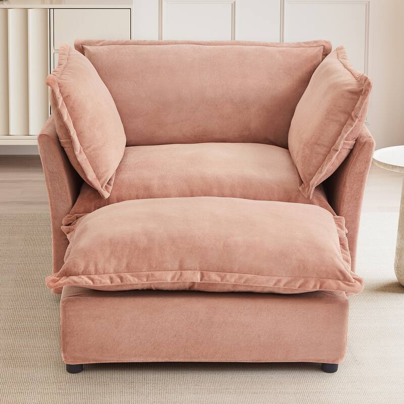 47" Cozy Upholstered Armchair with Movable Ottoman, Wide Seat, Curved Armrests and Soft Pillows