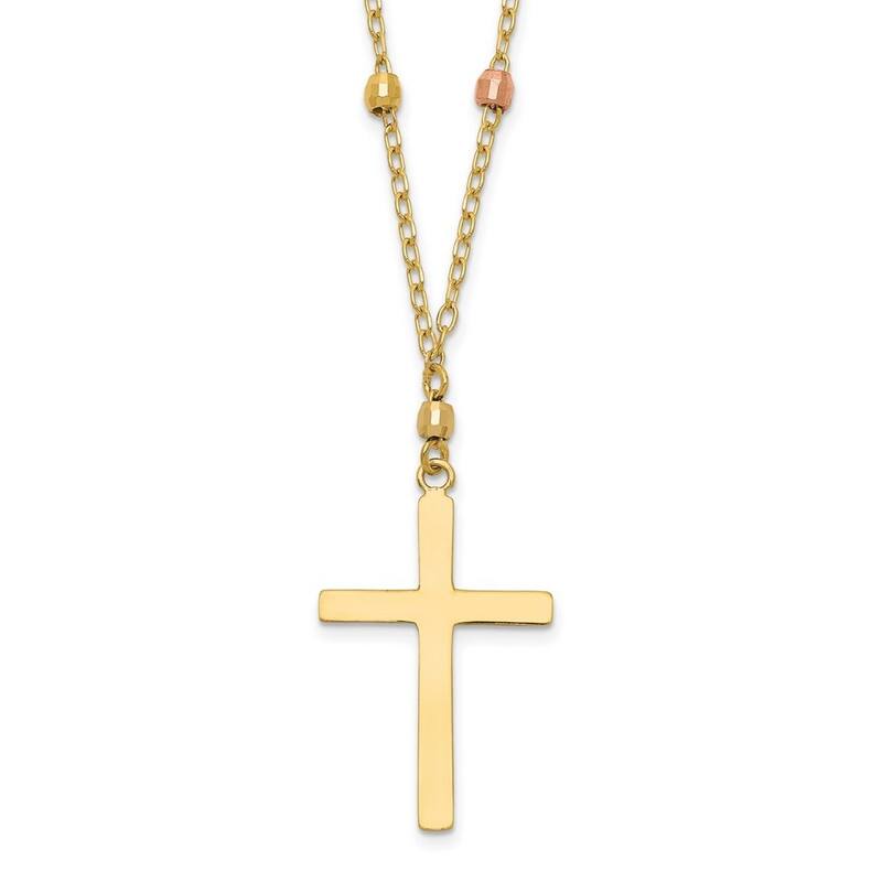Curata 14k Tri Colored Gold Beaded 12mm x 20mm Cross Necklace, 18"