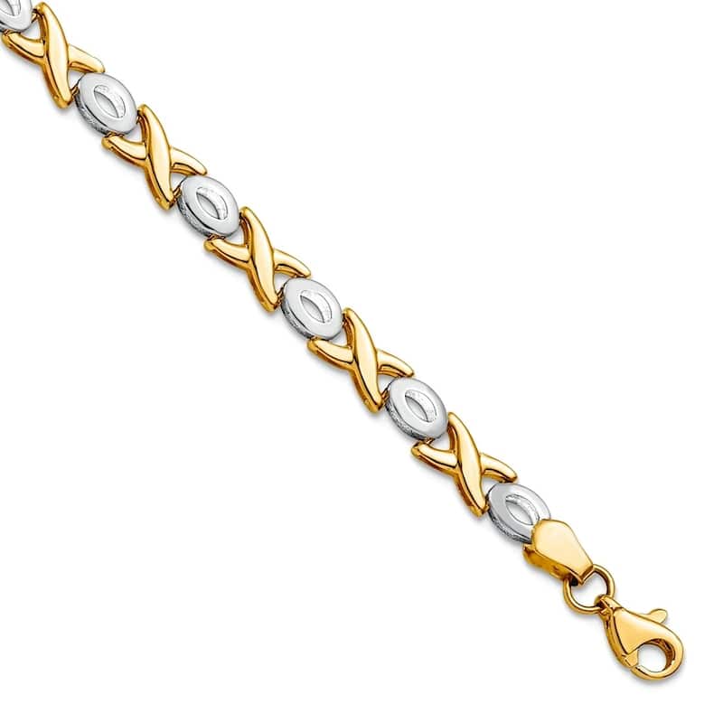Curata 14k Two tone Gold 7.25" 7mm XOXO Hugs Kisses Stampato Bracelet