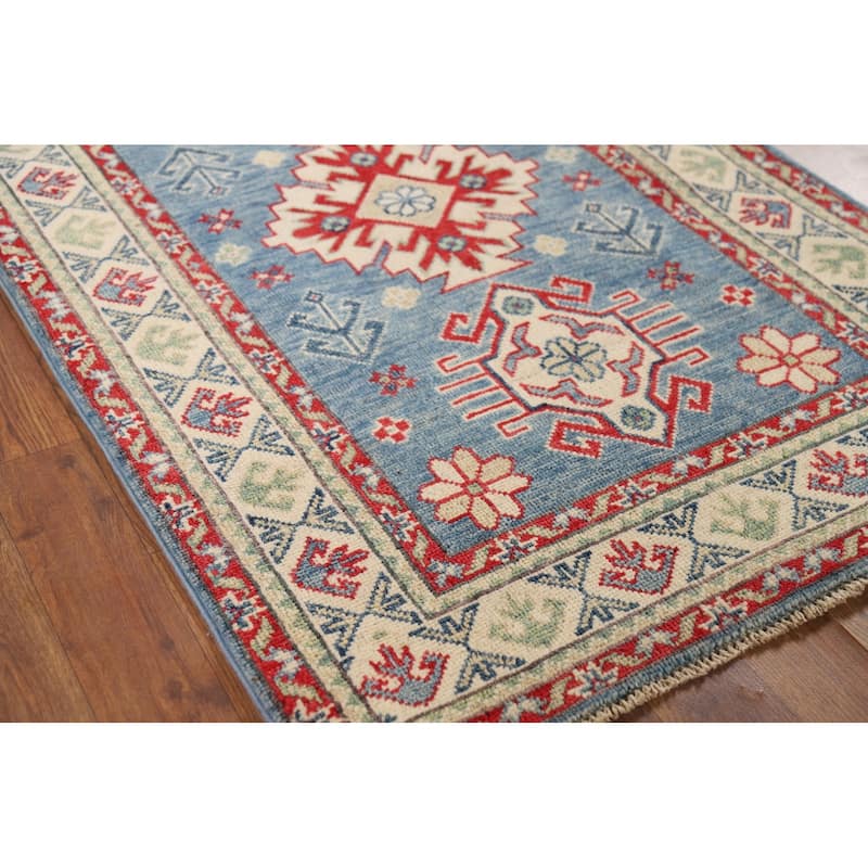Light Blue Kazak Foyer Rug Hand-Knotted Geometric Wool Carpet - 2'9" x 4'1"