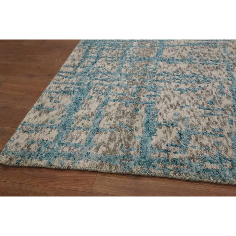Hand Knotted Oriental Wool & Silk Carpet Modern Abstract Navy Blue & Blues Nepalese Area Rug - 10' 2'' X 6' 3''