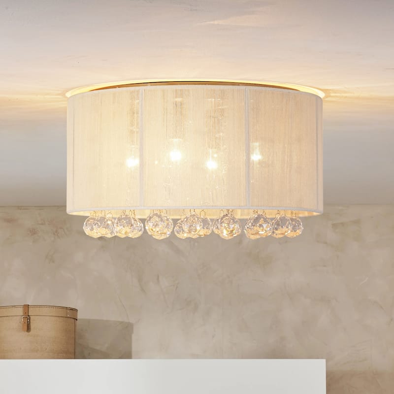 4-Light Modern Luxury Textured Fabric & Crystal Flush Mount with Crystal Droplets for Living Room - 15.7 in. W x 8.7 in. H
