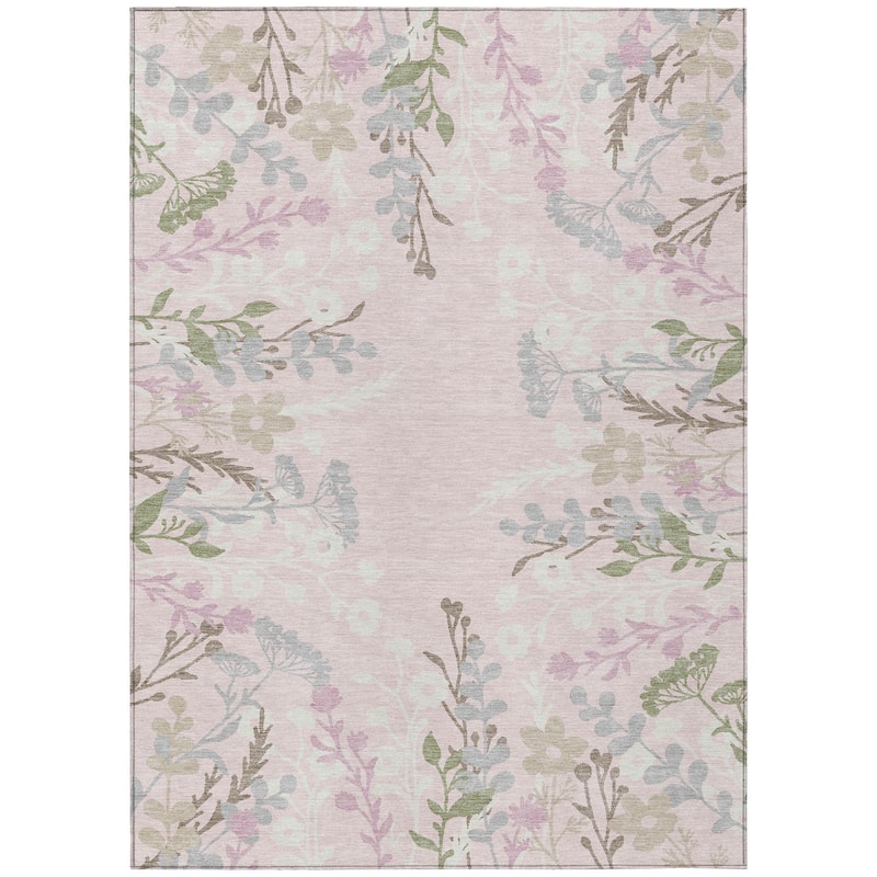 Machine Washable Indoor/ Outdoor Floral Border Chantille Rug