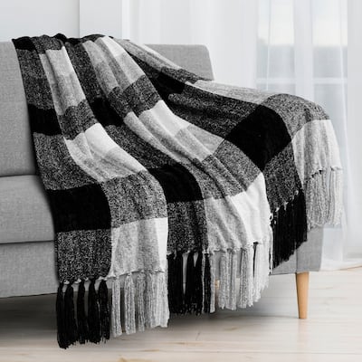 Chenille Knitted Throw Blanket Plaid Grey